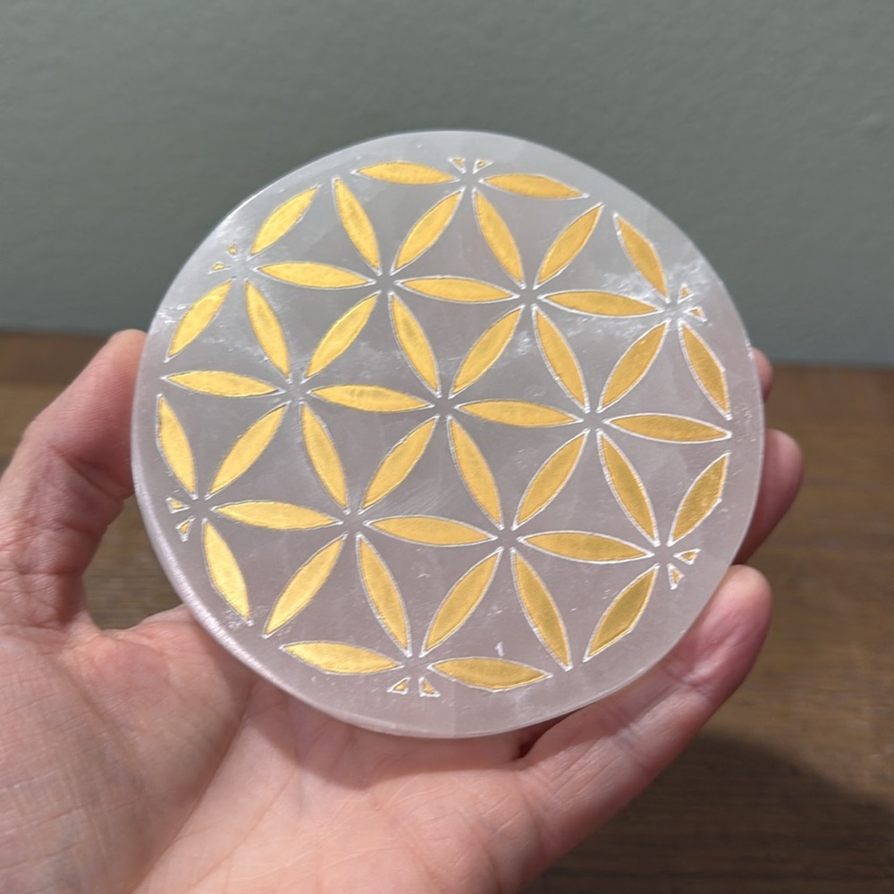 PRICE IS FIRM - Selenite Flower of Life Coaster Charging Decor Plate - Picture 5 of 5